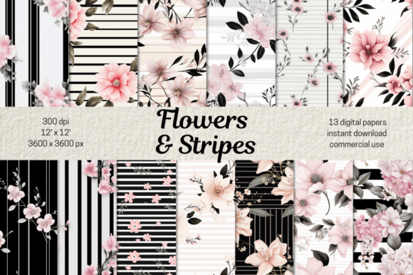 Download Pink Flowers &amp; Black Stripes Background - Stripe Collection