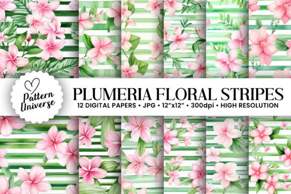 Download Watercolor Pink Plumeria &amp; Stripes Paper - Stripe Collection