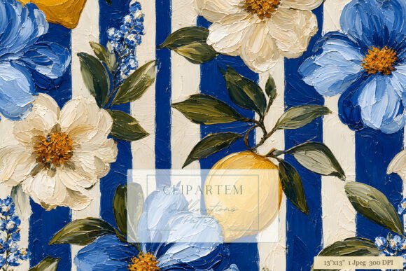 Download Blue Stripe Floral Lemon Oil Pattern - Premium Bundle
